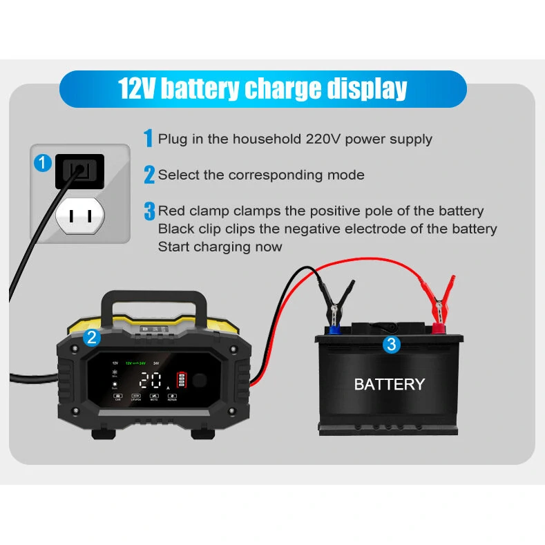 FOXUR 12V 24V 7 Charge Stages Portable Car Motorcycle Battery Charger For Calcium Gel AGM Wet LiFePO4 Lead Acid Battery