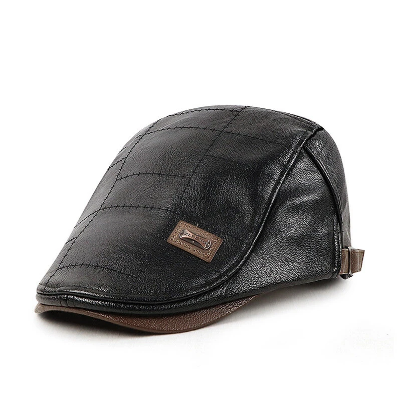 Collrown Vintage Berets Mens PU Leather Beret Hats Autumn Winter Adjustable Hats Men's Visor Warm Flat Peaked Cap Cabbie Hunting Thicken Hat