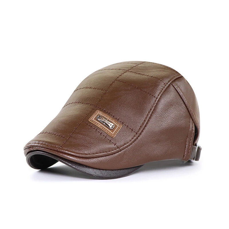 Collrown Vintage Berets Mens PU Leather Beret Hats Autumn Winter Adjustable Hats Men's Visor Warm Flat Peaked Cap Cabbie Hunting Thicken Hat