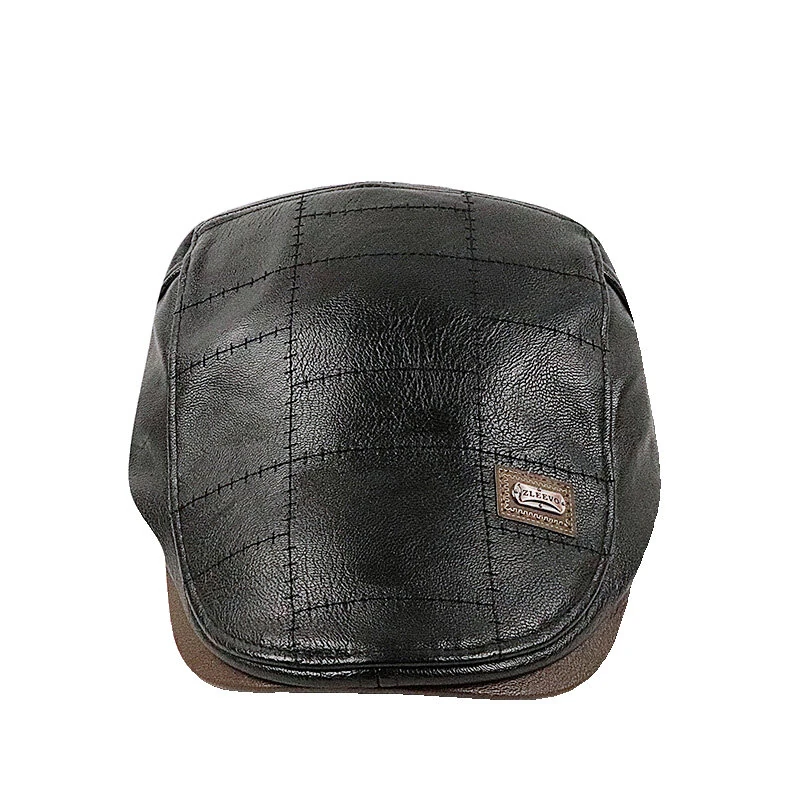 Collrown Vintage Berets Mens PU Leather Beret Hats Autumn Winter Adjustable Hats Men's Visor Warm Flat Peaked Cap Cabbie Hunting Thicken Hat