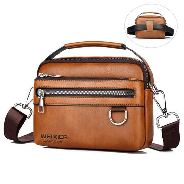 WEIXIER PU Leather Men's Small Crossbody Bag Waterproof Portable Waist Pack Fashion Travel Handbag Multi-layer Storage Single Shoulder Bag