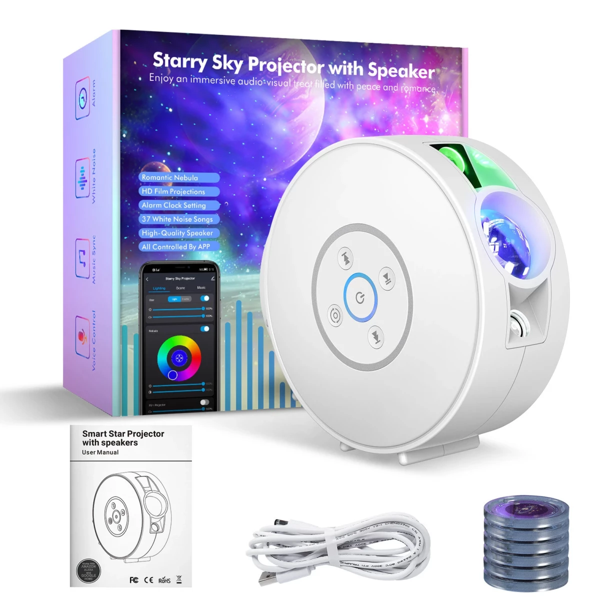 BlitzWill® BW-PLT2 Smart Star Projector with Star & Colorful LED Nebula 6 Theme Film Slides bluetooth Speaker White Noise Alarm APP& Voice Control