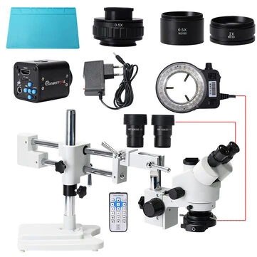 MUSTOOL 3.5X 90X  Simul-Focal Double Boom Stand Trinocular Stereo Zoom Stereo Microscope 24MP 4K HDMI Camera 56 LED Light Microscopie