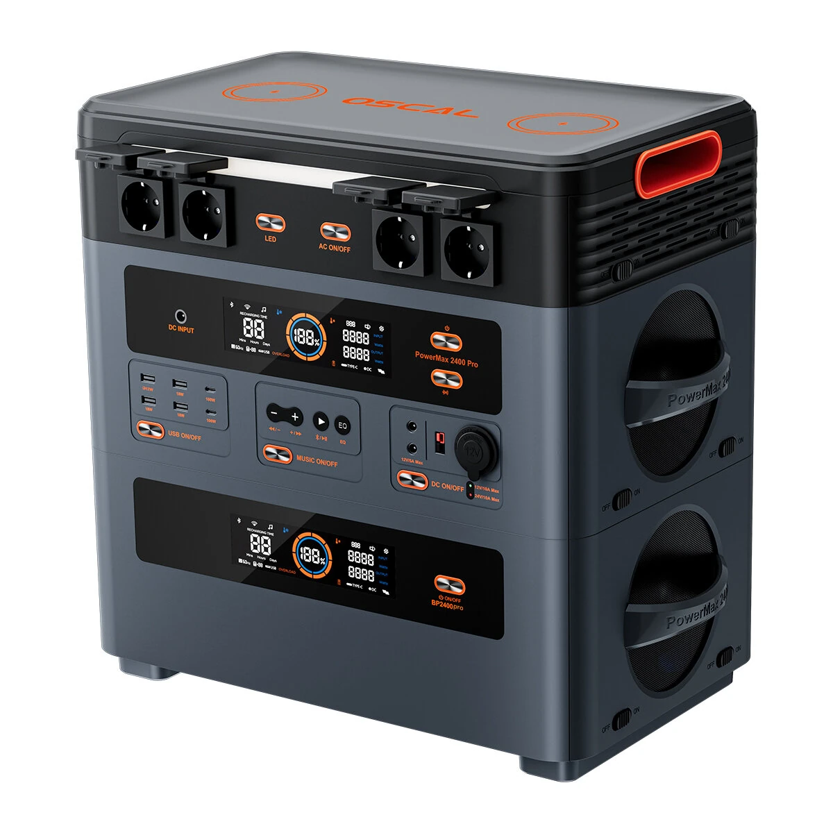 Blackview OSCAL PowerMax 2400 Pro PM2400 Pro Dual-speaker 800w Grid-connected Function Rugged Power Station 2016Wh to 22176Wh LiFePO4 Battery Pack Power Bank with 16 Outputs 5 LED Light Modes Portable Roller Power Backup for Camping House Travelling