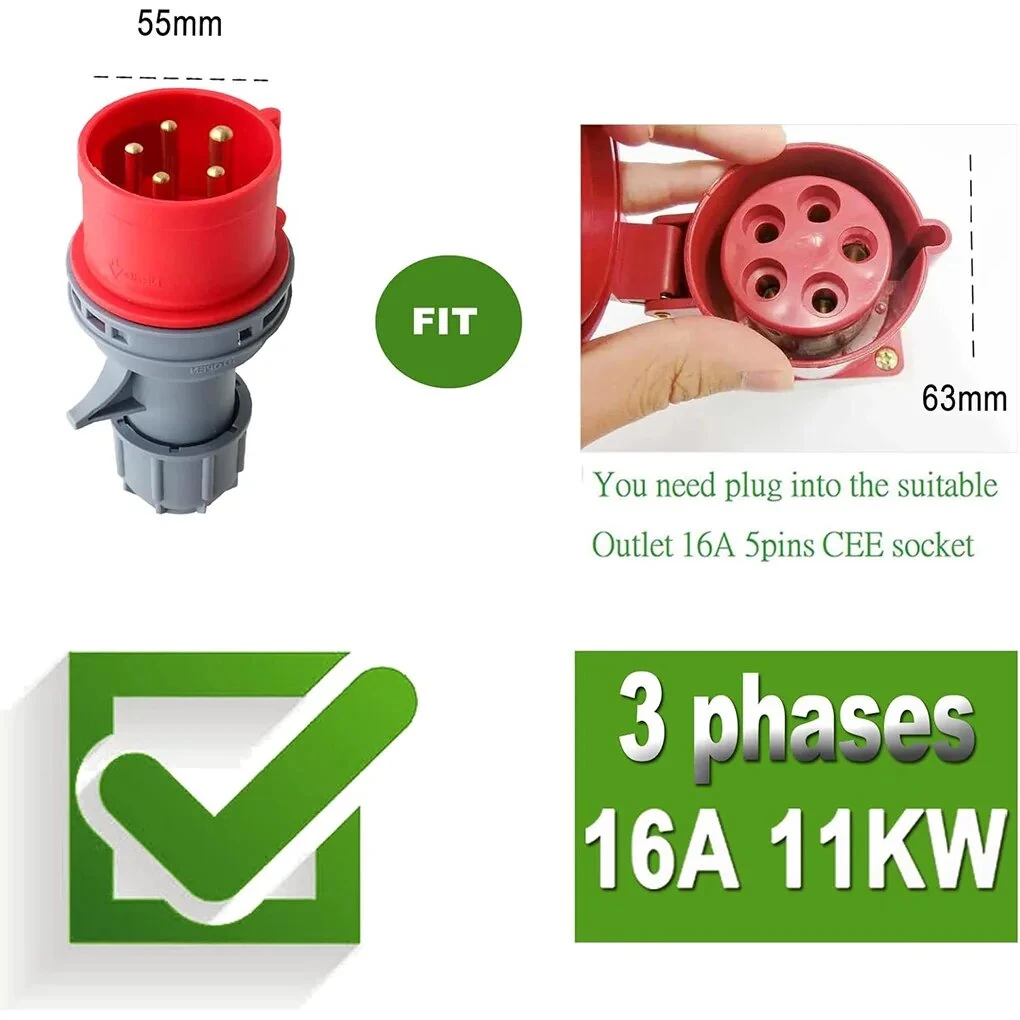 Type 2 EV Charger 11KW 3 Phase 6A 8A 10A 13A 16A Adjustable Current Electric Vehicle Charging Station CEE5EE1634Y / CEE5EE16310Y