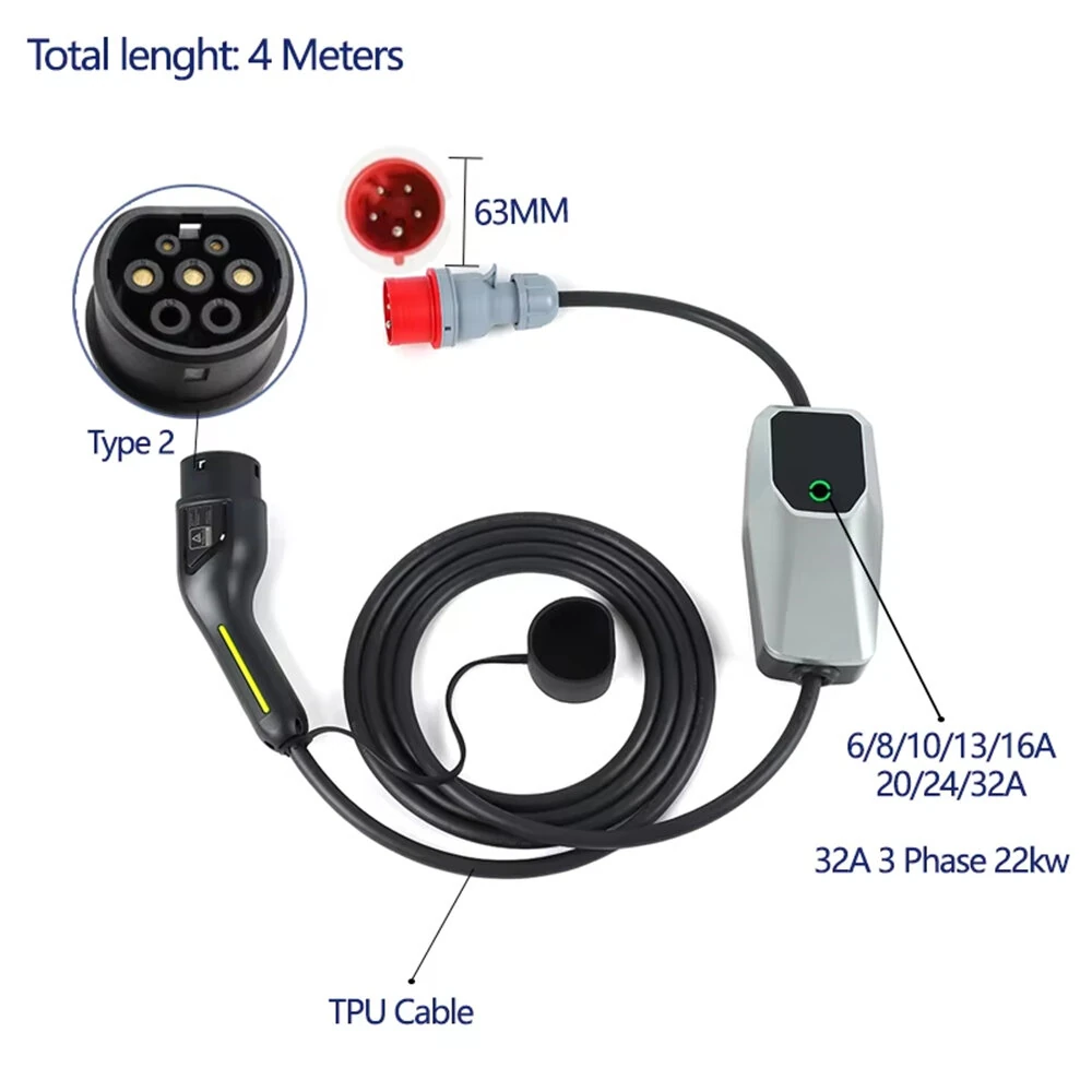 Type 2 EV Charger 11KW 3 Phase 6A 8A 10A 13A 16A Adjustable Current Electric Vehicle Charging Station CEE5EE1634Y / CEE5EE16310Y