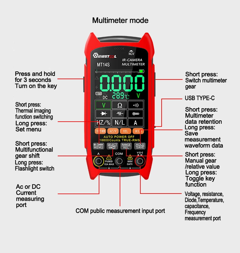 MUSTOOL  MT14S/MT14SPRO Thermal Imaging Multimeter & PCB Circuit Board Tester ISR 240x240 -20°C to +550°C 25HZ 1000V DC 750V AC 10A Resistance Measurement
