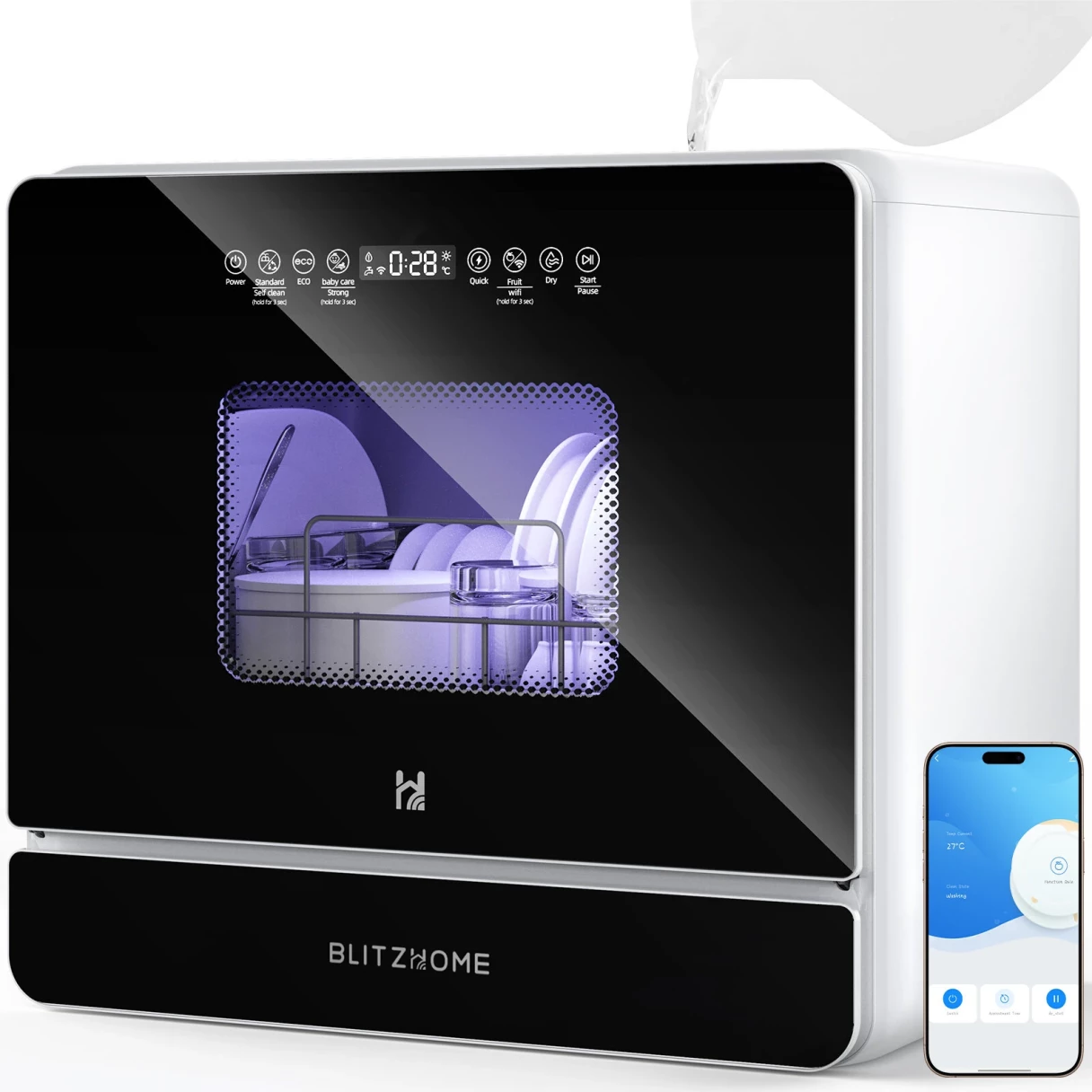 BlitzHome® BH-6-CDW1 Smart Portable Countertop Dishwasher With APP Control 5.2L Built-in Water Tank 9 Programs PTC Hot Air Drying 3D 360° 3 Sprayers Water-Saving