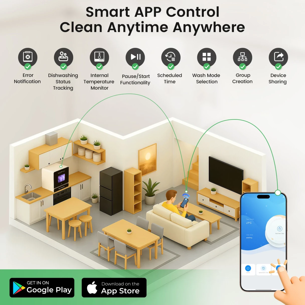 BlitzHome® BH-6-CDW1 Smart Portable Countertop Dishwasher With APP Control 5.2L Built-in Water Tank 9 Programs PTC Hot Air Drying 3D 360° 3 Sprayers Water-Saving