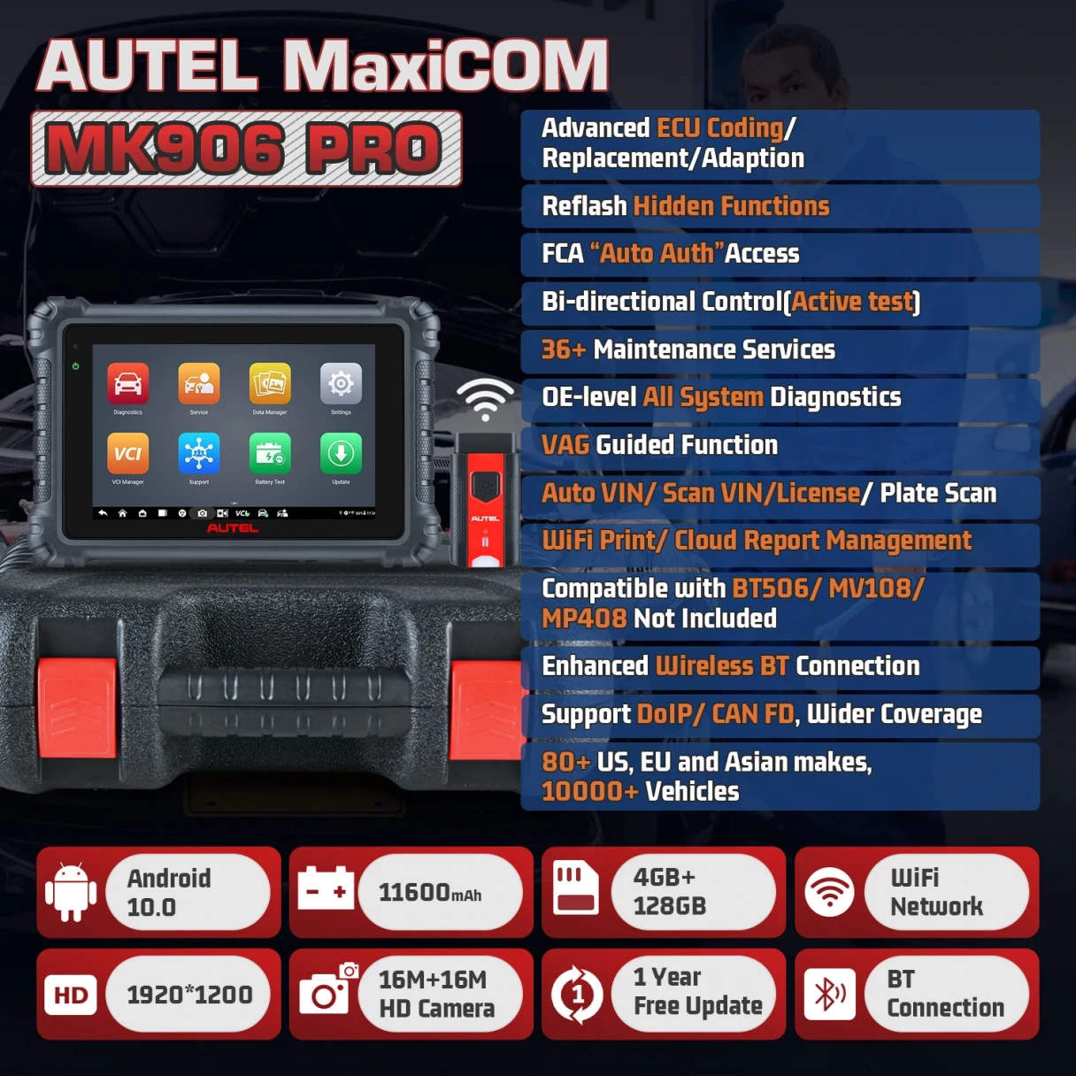 Autel MaxiCOM MK906Pro Car Diagnostic Tool OBD2 Bi-Directional Scanner All System Scan Tool ECU Coding Upgraded MK906BT MS906BT