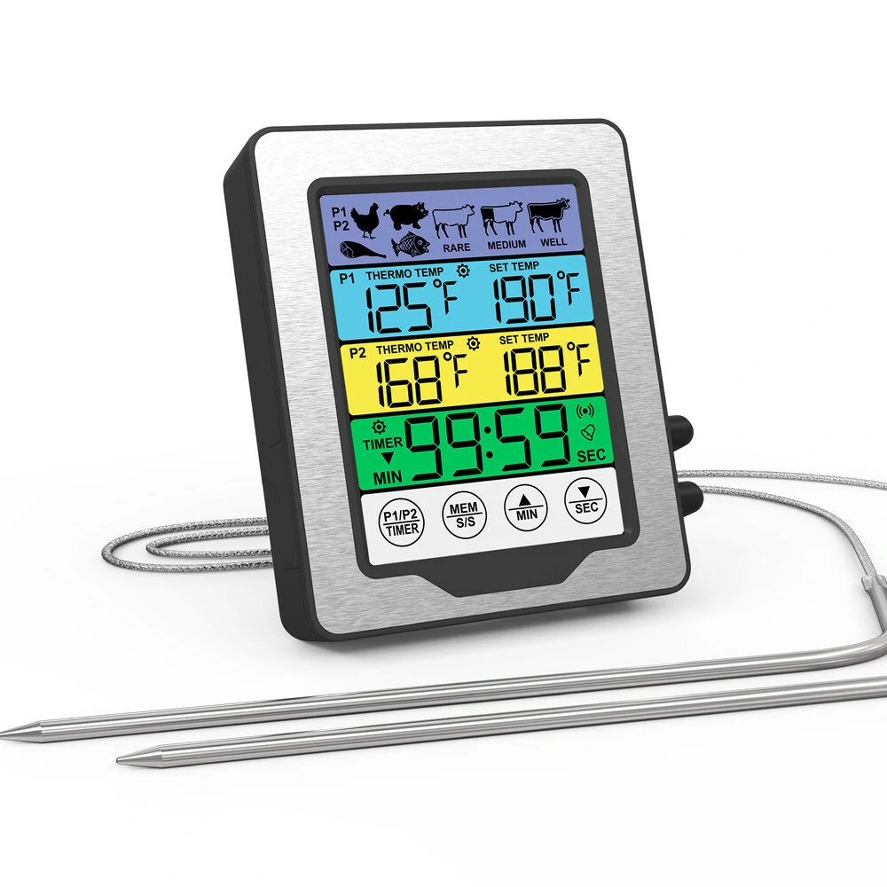 Dual Probe Large Colorful Touchscreen Food Meat Thermometer  Kitchen Cooking BBQ Thermometer High Temperature Alarm Fahrenheit or Celsius Preset Temperature With Stand