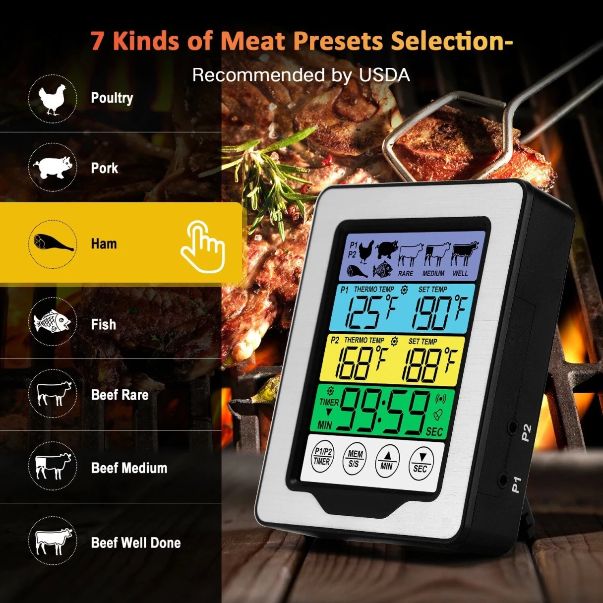 Dual Probe Large Colorful Touchscreen Food Meat Thermometer  Kitchen Cooking BBQ Thermometer High Temperature Alarm Fahrenheit or Celsius Preset Temperature With Stand