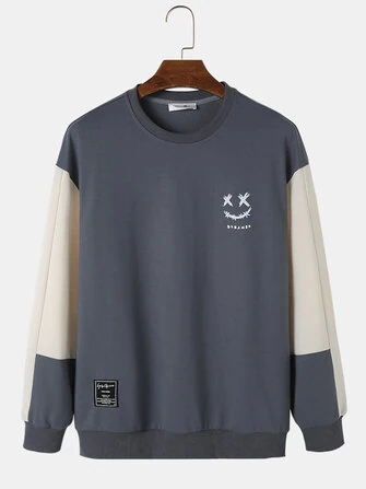 ChArmkpR Mens Smile Face Print Contrast Patchwork Pullover Sweatshirts