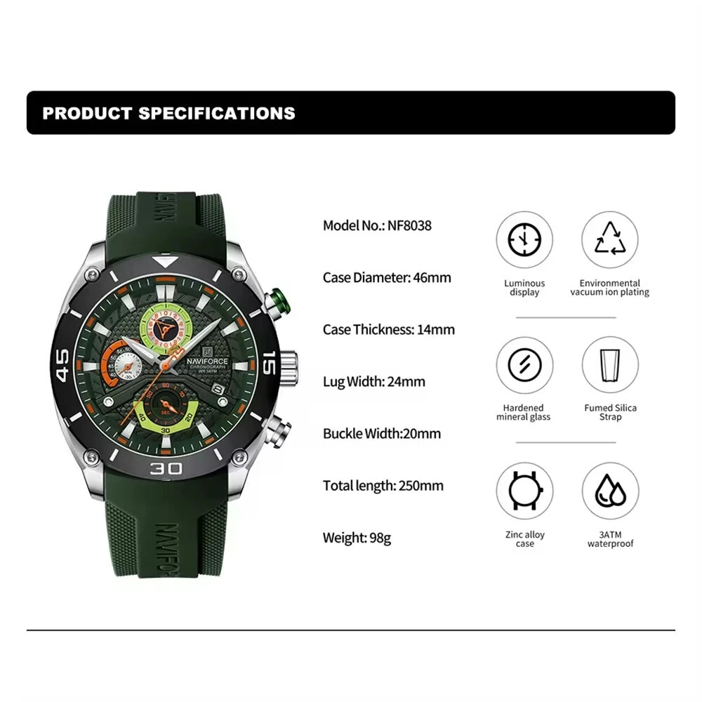 NAVIFORCE Fashion Men Watch Waterproof Luminous Sport Quartz Watch Chronograph Date Wristwatch