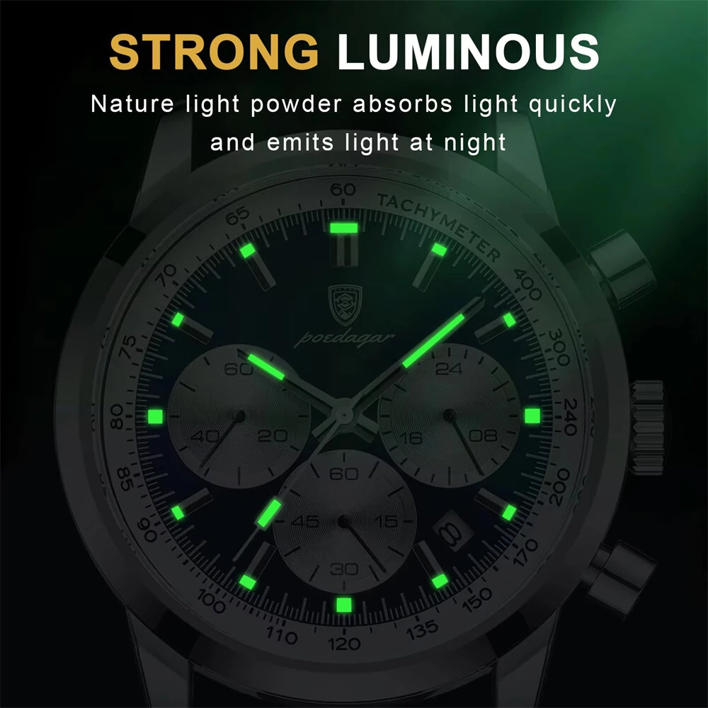 POEDAGAR Men's Luminous Waterproof Quartz Watch Fashion Comfortable Leather Multi-function Business Casual Wristwatch