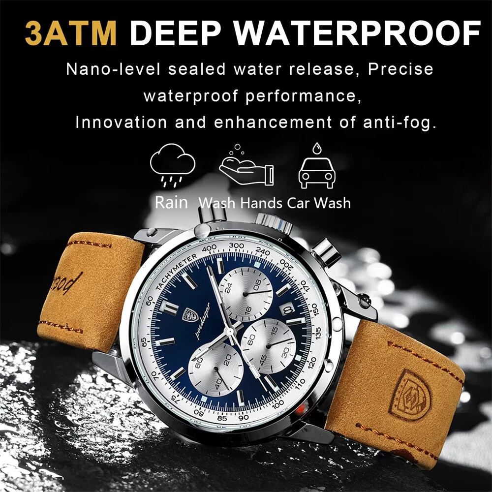 POEDAGAR Men's Luminous Waterproof Quartz Watch Fashion Comfortable Leather Multi-function Business Casual Wristwatch