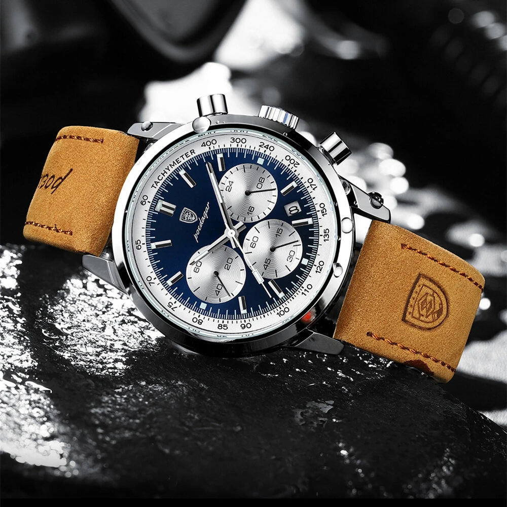 POEDAGAR Men's Luminous Waterproof Quartz Watch Fashion Comfortable Leather Multi-function Business Casual Wristwatch