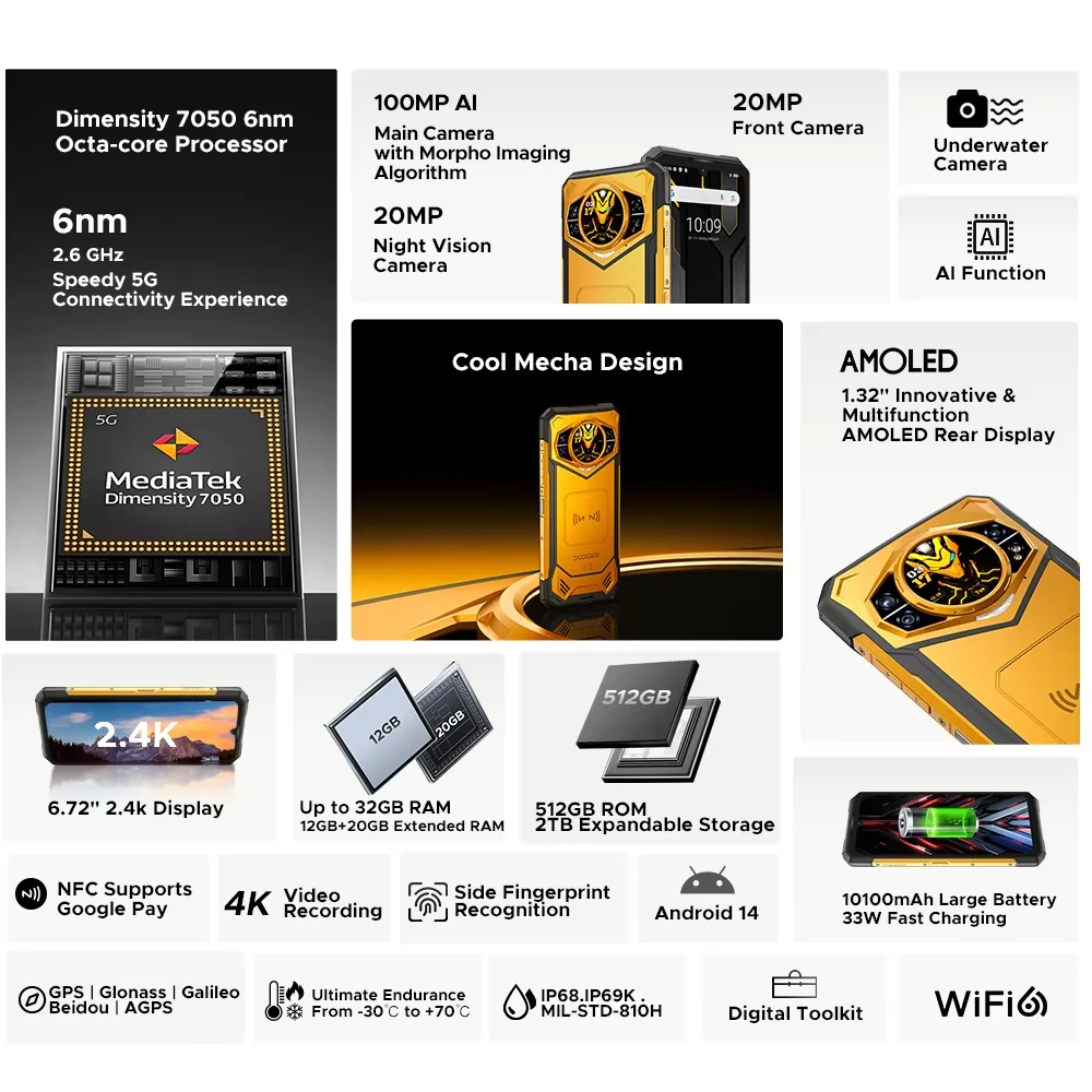 DOOGEE S200 X 5G 1.32 inch AMOLED Rear Display 32GB 512GB 100MP Triple Camera Night Vision Dimensity 7050 6.72 inch 120Hz 10100mAh 33W Fast Charge Android 14 NFC IP68 IP69K Waterproof Rugged Smartphone