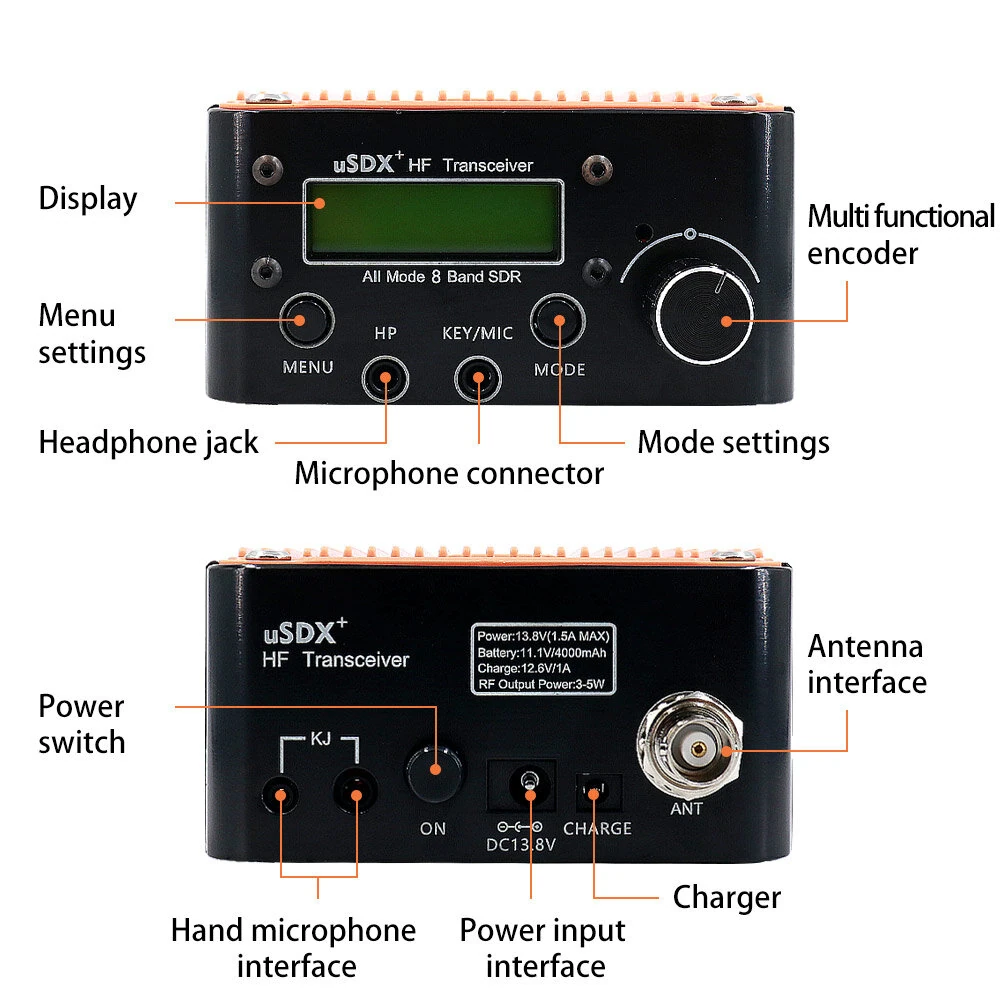 USDX+ Plus V2 QRP HF Transceiver 8 Band 3-5W Output Built-in 4000mAh Battery Compact Design Aluminum Case CW Decoding Portable Radio