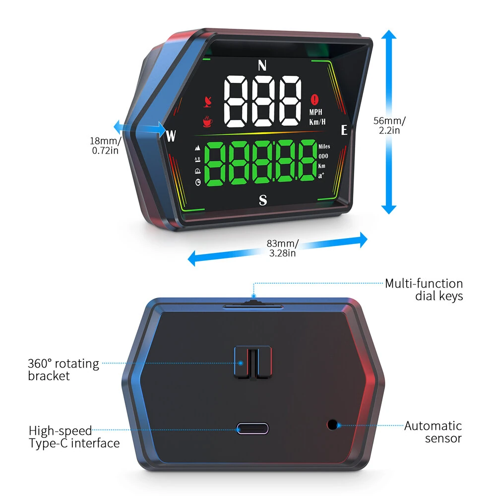 WEIYING G21 Car HUD GPS Head Up Display 360° Rotation Digital Speedometer Large Font Compass Time Overspeed Warning Customized