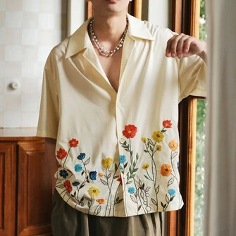 INCERUN Mens Shirts Fashion Floral Print Revere Collar Short Sleeve Shirt Summer Daily Beach Shirts