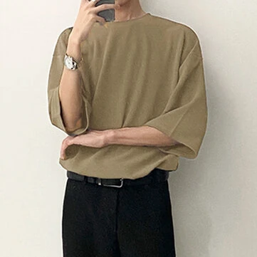 INCERUN Men Tshirts Male Loose Comfy Blouse Streetwear Casual Solid Color T-Shirts Leisure Half Sleeve Round Neck Tee Tops Summer S-3XL