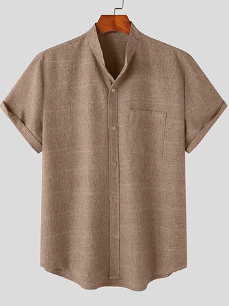 Mens Solid Stand Collar Chest Pocket Short Sleeve Shirt