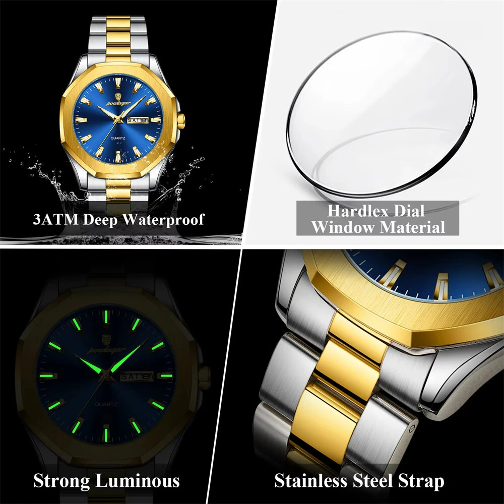 POEDAGAR Fashion Waterproof Business Quartz Watch Calendar Week Luminous Stainless Steel Strap Men Wristwatch