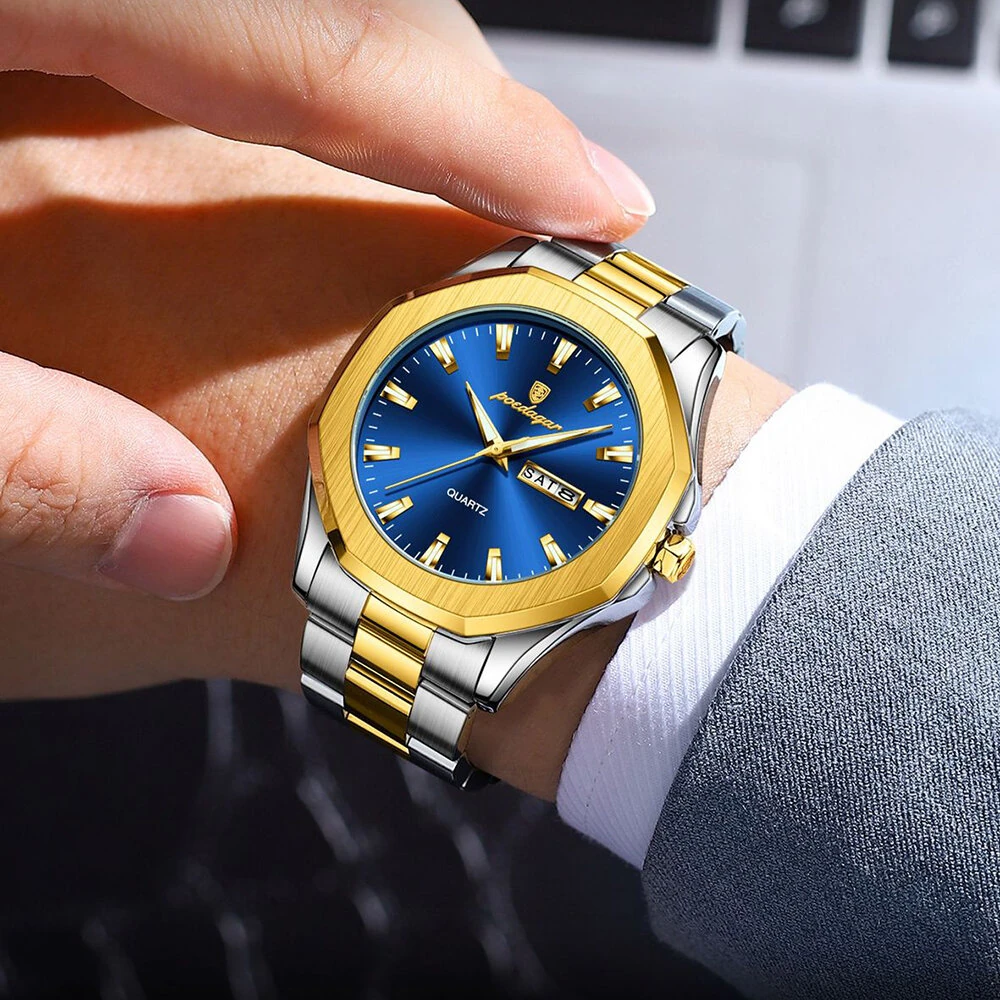 POEDAGAR Fashion Waterproof Business Quartz Watch Calendar Week Luminous Stainless Steel Strap Men Wristwatch