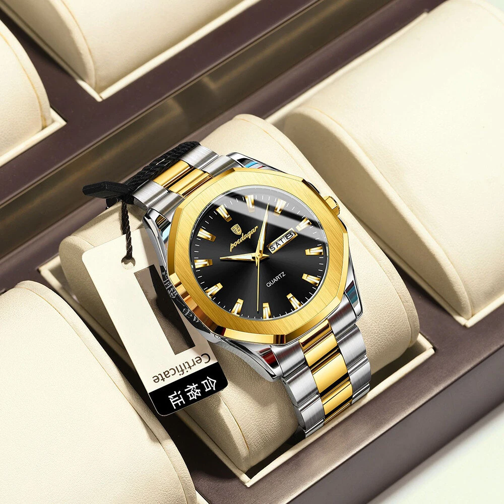 POEDAGAR Fashion Waterproof Business Quartz Watch Calendar Week Luminous Stainless Steel Strap Men Wristwatch