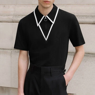 INCERUN Mens Fashion Design Spliced Collar Shirt Comfortable Fabric Short Sleeve Zipper Lapel Top for Male S-5XL