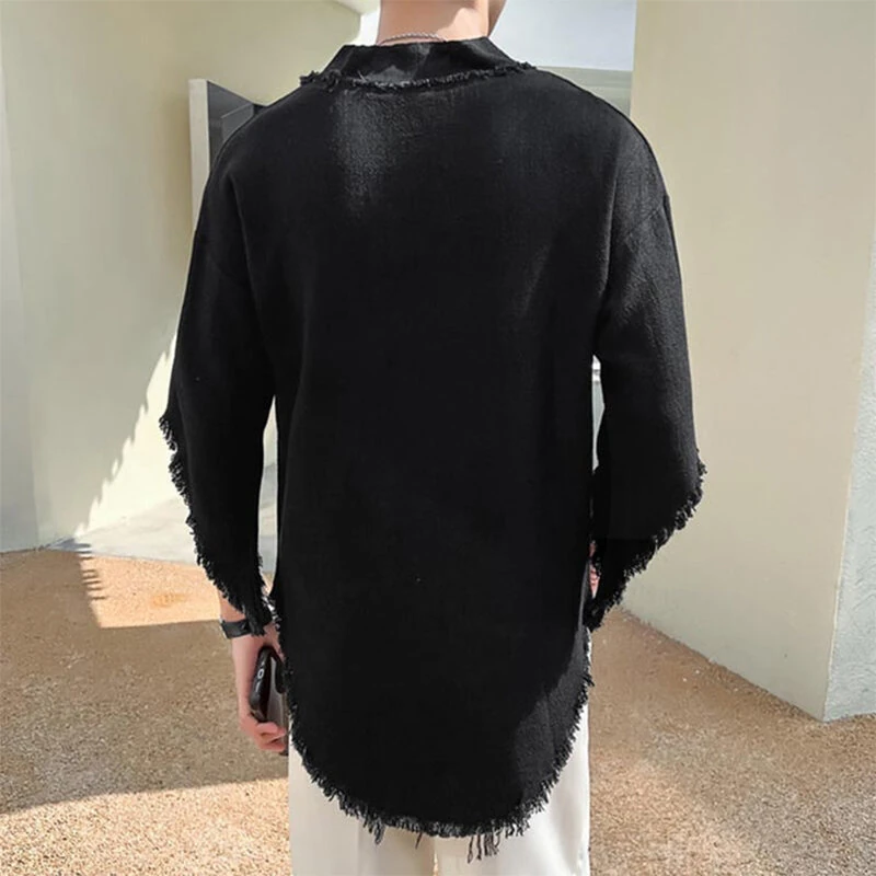 INCERUN Mens Raw Edge High-Low Hem T-Shirt Solid Color Wide Half Sleeve V-neck Tshirt Casual Top for Male S-5XL