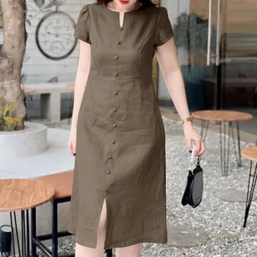 ZANZEA Women's Dresses Vintage Front Split Solid O-Neck Short Sleeve Dress