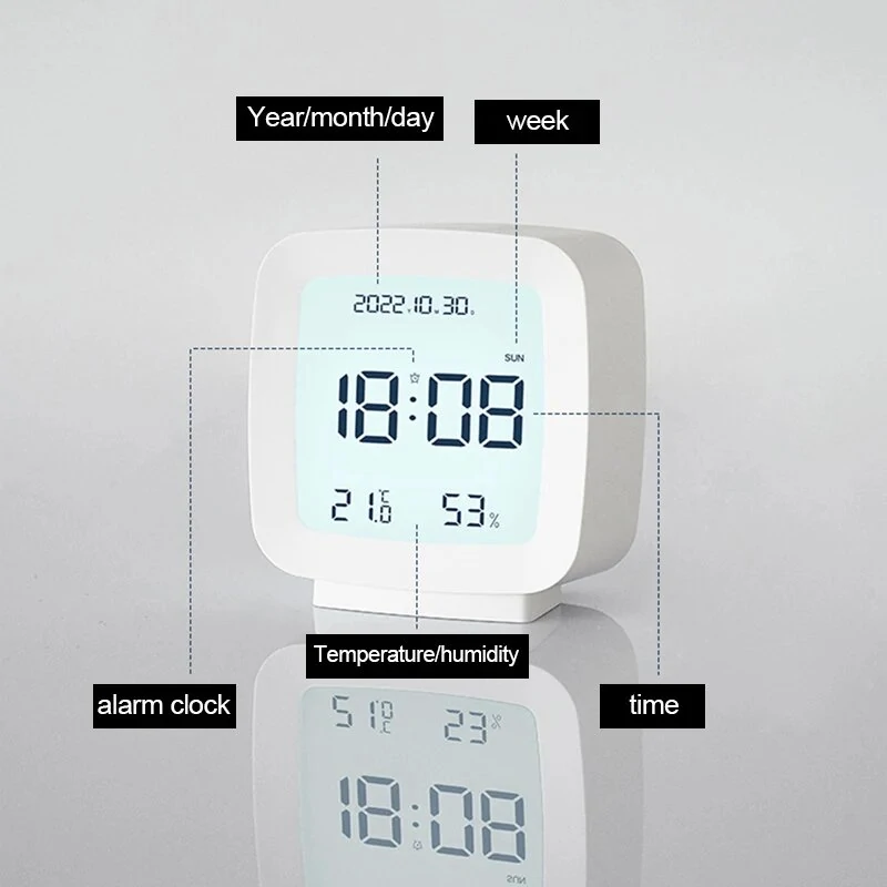 Digital Alarm Clock 12/24H Electronic Alarm Clock Voice-activated Backlight Temperature Humidity Nightlight Table Clocks with Snooze Function