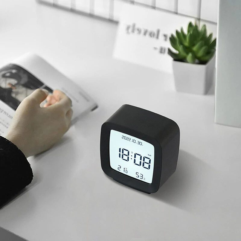 Digital Alarm Clock 12/24H Electronic Alarm Clock Voice-activated Backlight Temperature Humidity Nightlight Table Clocks with Snooze Function