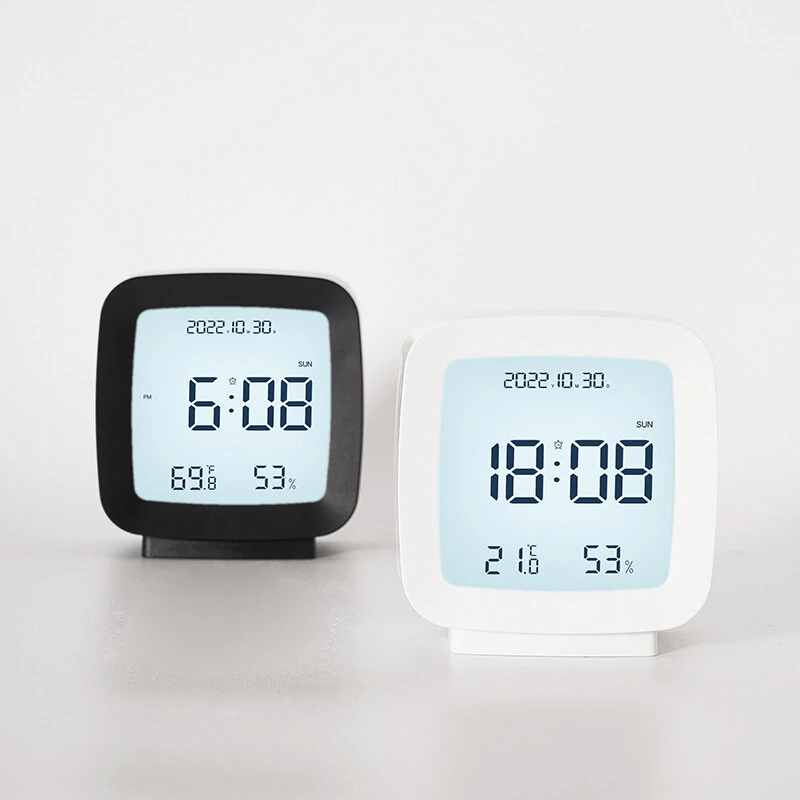 Digital Alarm Clock 12/24H Electronic Alarm Clock Voice-activated Backlight Temperature Humidity Nightlight Table Clocks with Snooze Function
