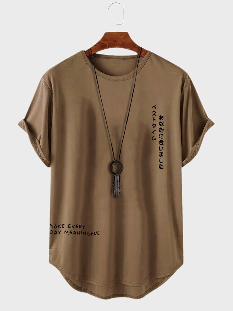ChArmkpR Mens T-shirts Japanese Letter Print Curved Hem Casual Short Sleeve Tshirts