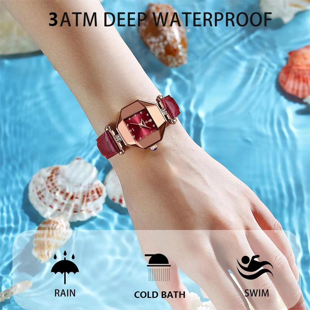 POEDAGAR Women Watches Fashion Luxury Rhinestones Quartz Watch Polygon Pointer Waterproof Ladies Leather Wristwatch