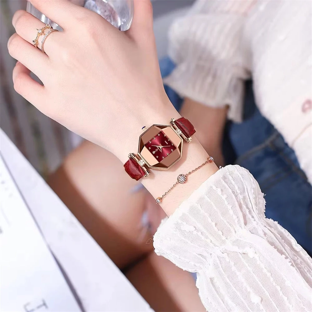 POEDAGAR Women Watches Fashion Luxury Rhinestones Quartz Watch Polygon Pointer Waterproof Ladies Leather Wristwatch