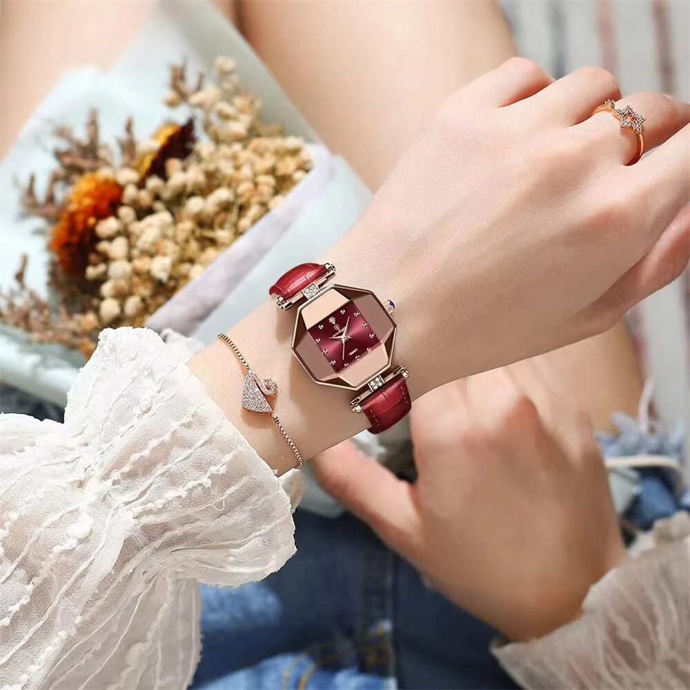 POEDAGAR Women Watches Fashion Luxury Rhinestones Quartz Watch Polygon Pointer Waterproof Ladies Leather Wristwatch