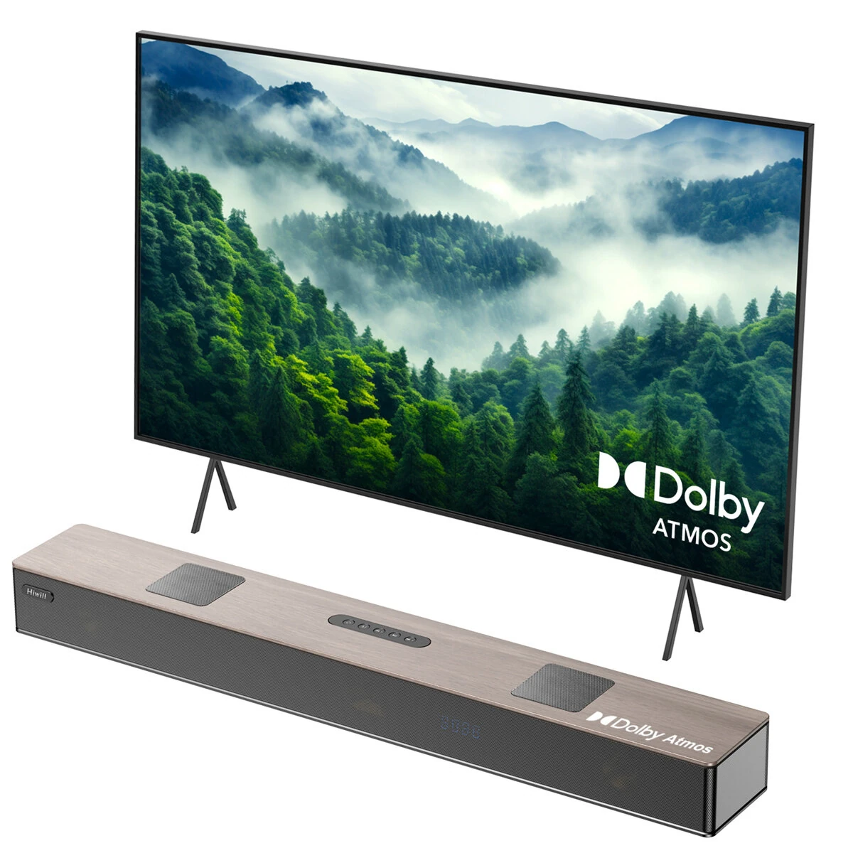 Hiwill A502 Dolby Atmos Soundbar 400W 5.2.2CH Wooden Soundbar Built-in Double Subwoofer 9 Precision-engineered Drivers Resonance Optimization Architecture Surround Sound System TV Soundbar