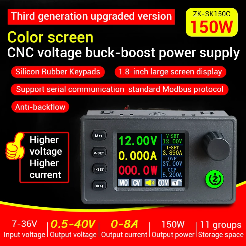 WUZHI SK150C CNC DC Voltage Buck-Boost Power Supply 150W 40V Output 8A Adjustable Color Screen Constant Voltage Current Charging Module