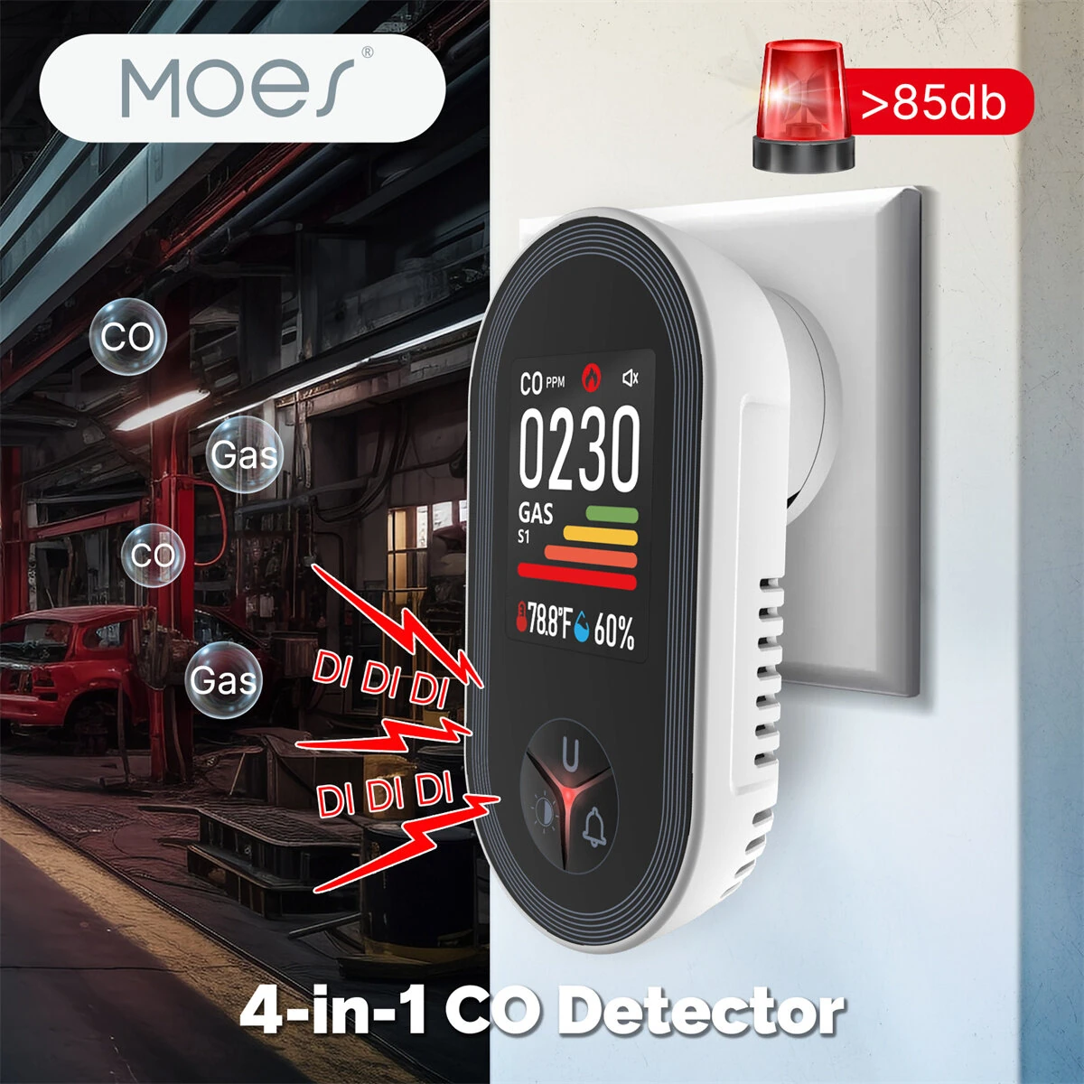MOES 4-in-1 Plug-in Gas Detector CO Combustible Gas Monitor with Temp/Humidity Sensor Built-in Alarm Digital Display​​ Plug and Play for Home Security