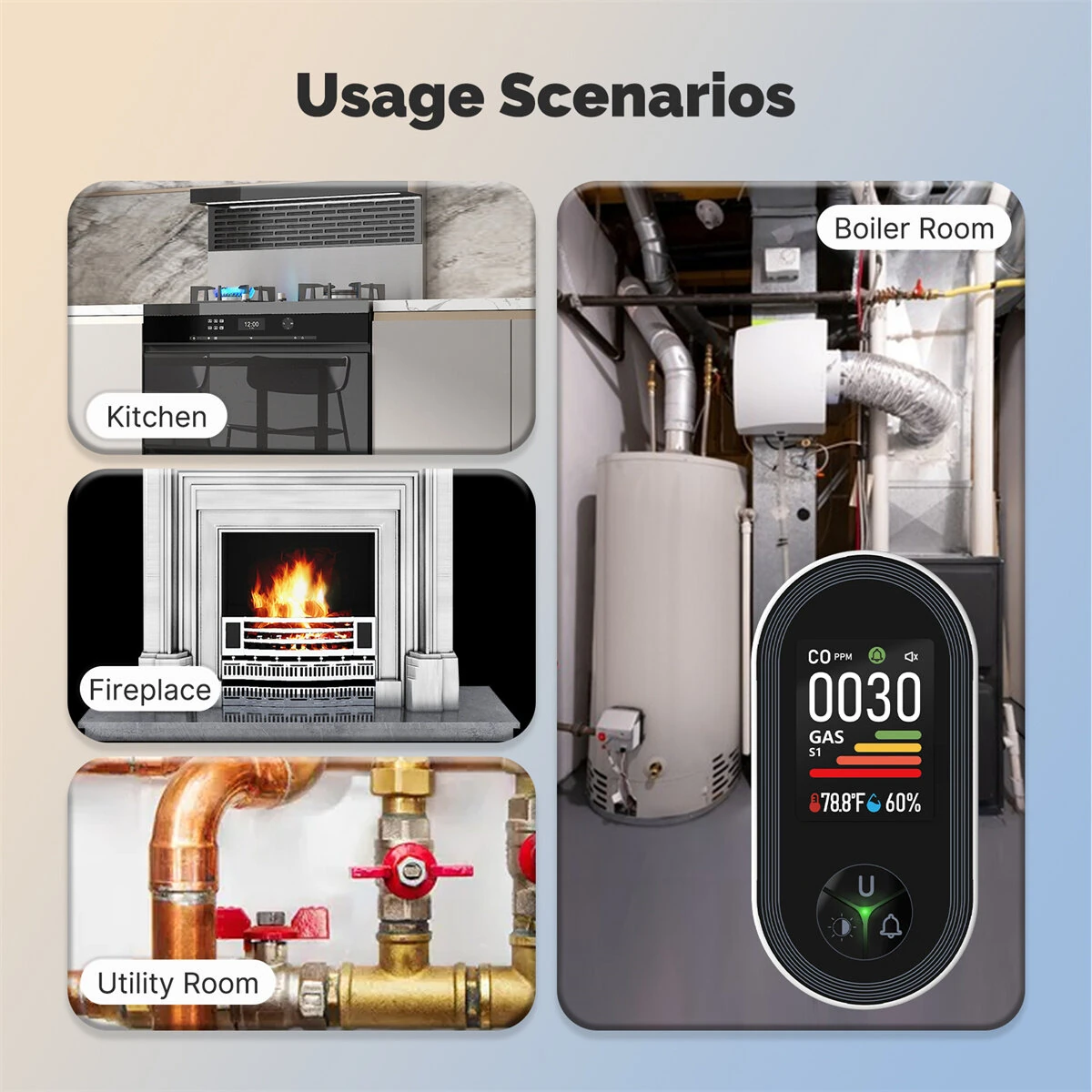 MOES 4-in-1 Plug-in Gas Detector CO Combustible Gas Monitor with Temp/Humidity Sensor Built-in Alarm Digital Display​​ Plug and Play for Home Security