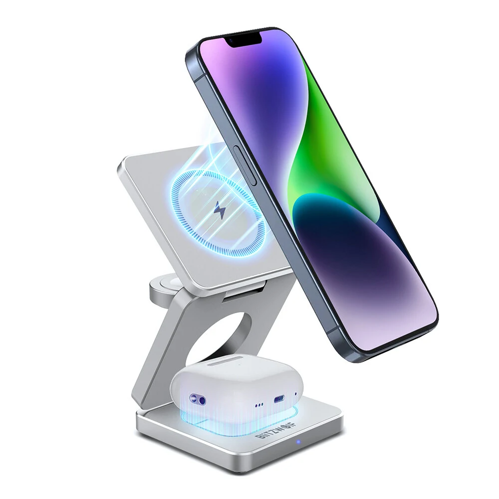 BlitzWolf BW-iw30 3-in-1 Foldable Magnetic 15W Wireless Charger Fast Charging Station for iPhone 15 14 13 12 Pro/Max/Plus for Apple Watch 9/8/7/6/5/4/3/2/SE/Ultra 2 for AirPods 3/2/Pro