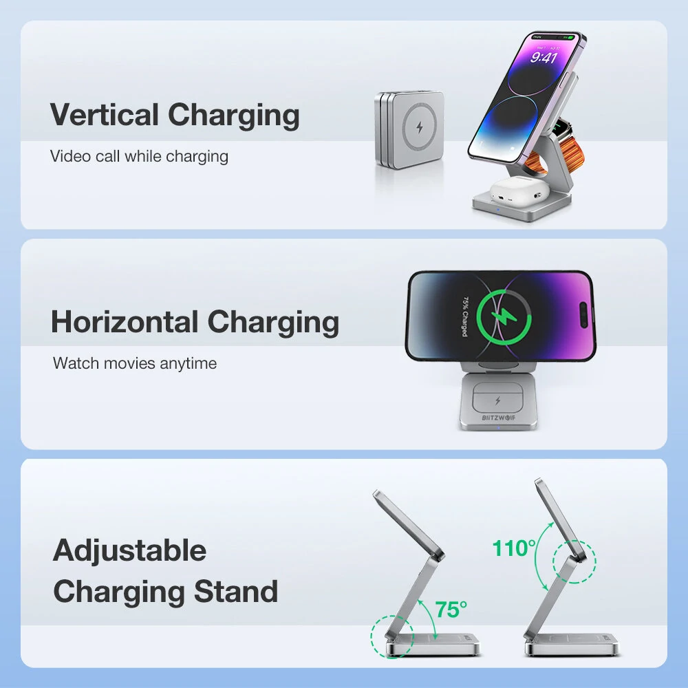 BlitzWolf BW-iw30 3-in-1 Foldable Magnetic 15W Wireless Charger Fast Charging Station for iPhone 15 14 13 12 Pro/Max/Plus for Apple Watch 9/8/7/6/5/4/3/2/SE/Ultra 2 for AirPods 3/2/Pro