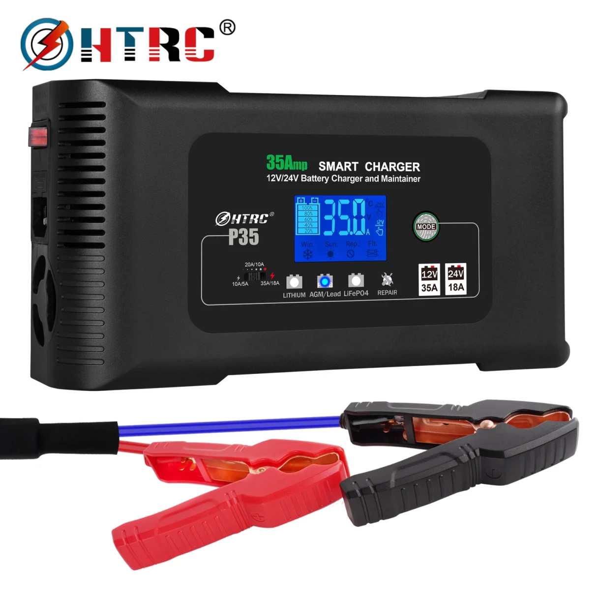 HTRC Large Power 35A 12V 24V Car Battery Charger for Moto Truck Motorcycle AGM Lead Acid PB GEL LCD Display Smart Charging
