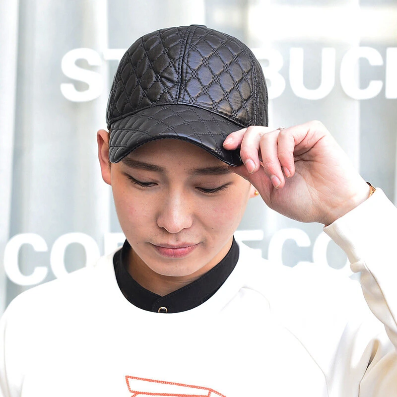 Collrown Genuine Sheepskin Leather Baseball Caps Men Fashion Solid Color Casual Peaked Cap Street Hat 55-61CM