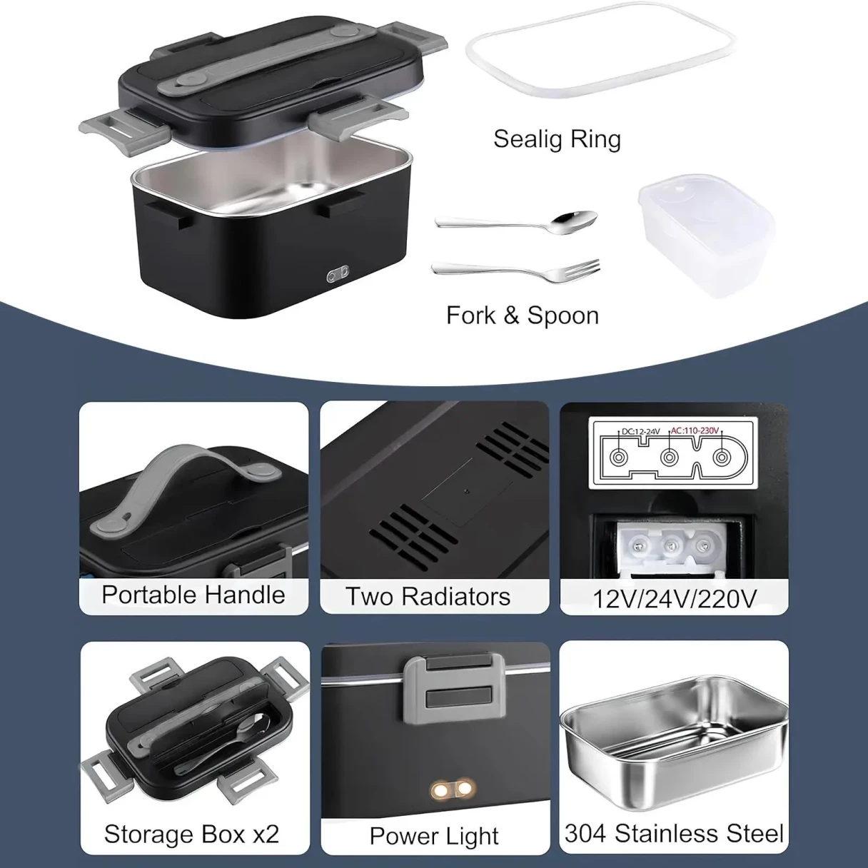 12V 24V 220V 1.8L Car Home Dual-use Insulated Heating Lunch Box Household Car Electric Lunch Box 304 Stainless Steel Food Heating Lunch Box Food Heating Insulation Container Set