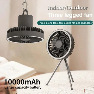 3 in 1 Multifunctional 10000mAh USB Rechargeable Camping Fan with LED Light High Capacity Silent Motor Long Battery Life Aluminum Tripod Desk Ceiling Fan Power Bank Function